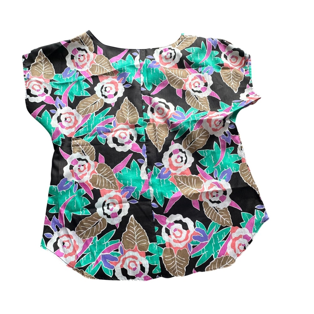 Rhoda Lee Vintage Floral Short Sleeve Blouse Black Pink Teal 5778 Medium